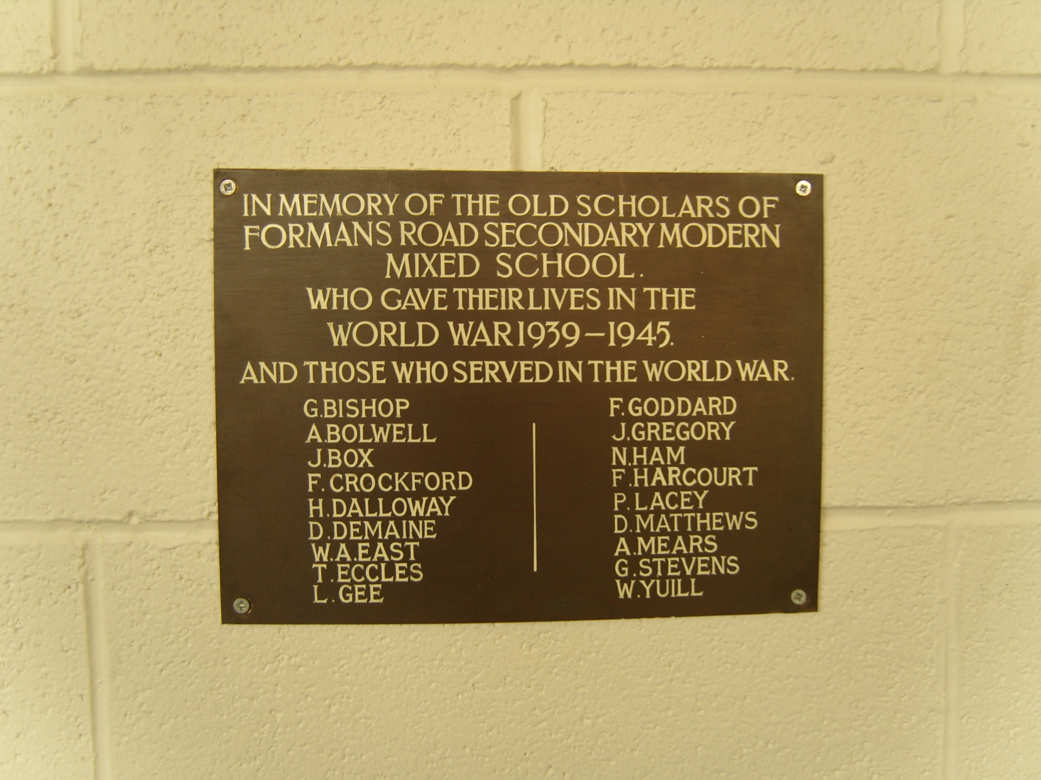 Formans Road Secondary Modern Mixed School WW2 Memorial Plaque - War ...